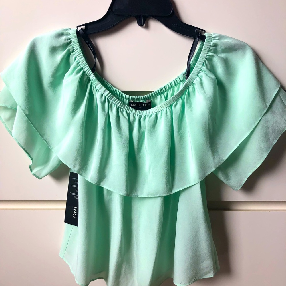 BNWT Marciano Silk off-shoulder blouse, mint green - Size XS
